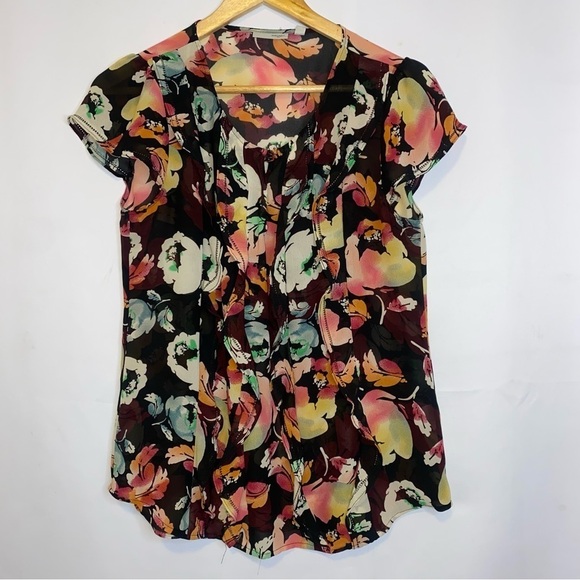 Halogen Floral Sheer Ruffle Front Top Size Small - Picture 1 of 10